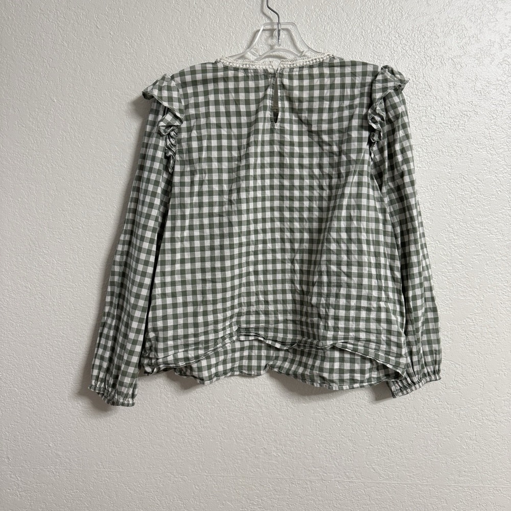 J Crew Blouse Womens Medium Green Gingham Lace Ruffle‎ Preppy Coastal Classic - Picture 3 of 9